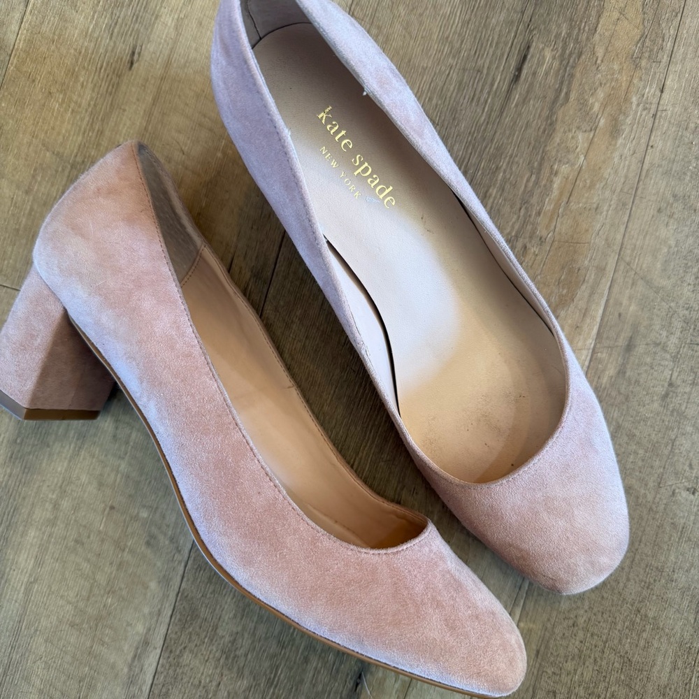 kate spade blush pink suede block heel pumps